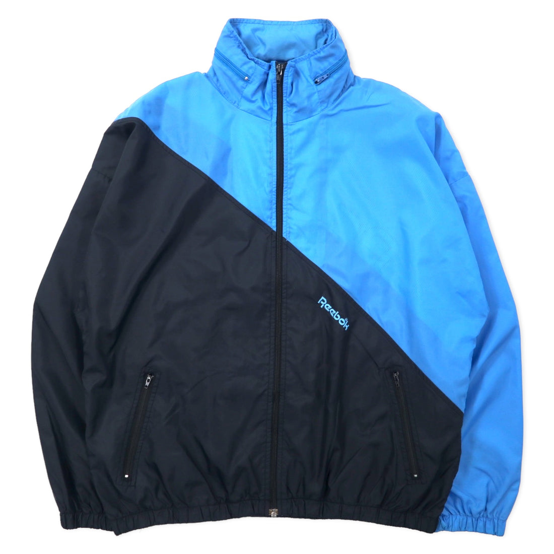 日本然リトテ-古着オンライン-Reebok SPORT 90年代 ナイロンジャケット M ブルー ブラック フード収納式 バックロゴ刺繍-Reebok SPORT 90's Windbreaker M Blue Black Hoodie Retractable Back Logo Embroidery