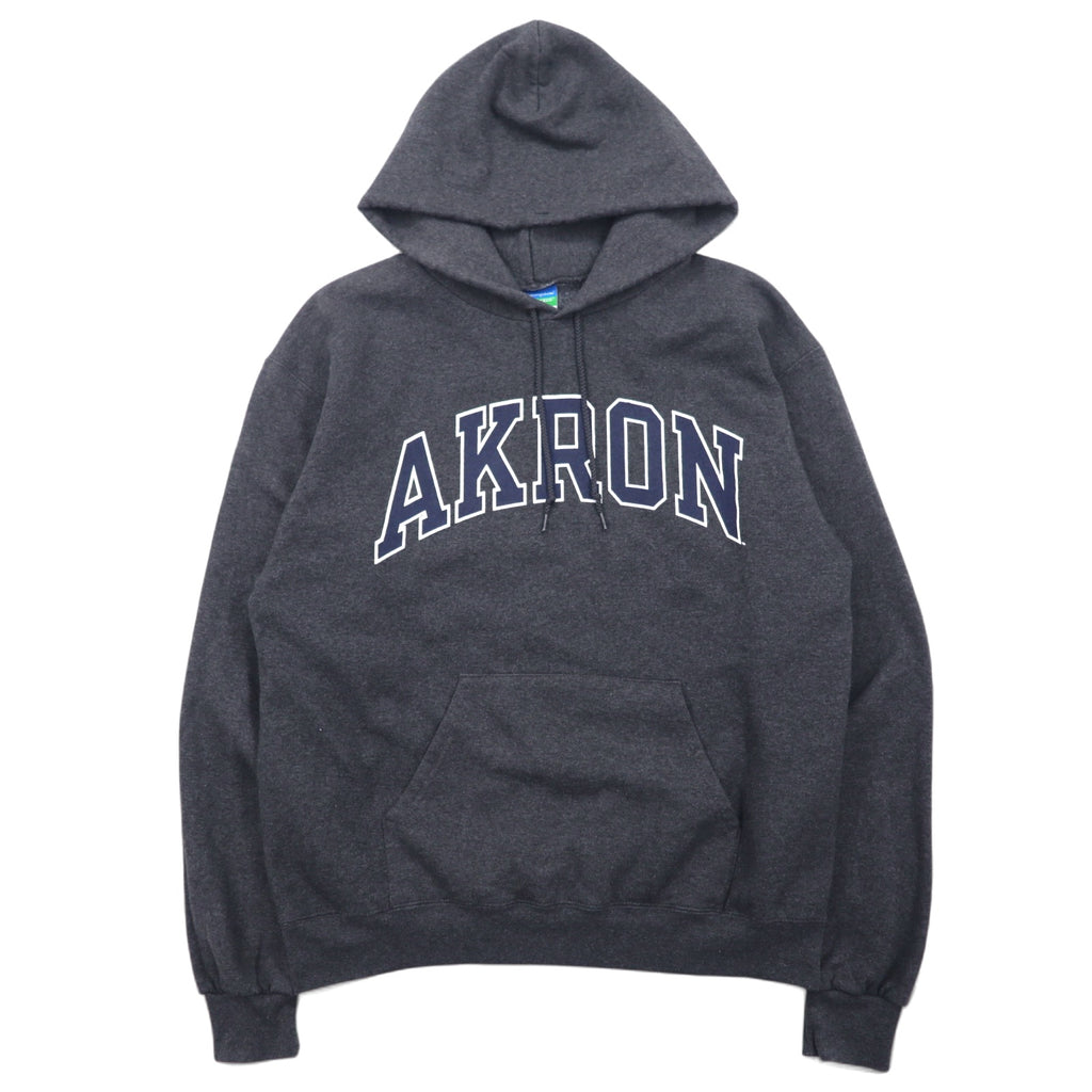 日本然リトテ-古着オンライン-CHAMPION ECO FLEECE カレッジプリント プルオーバー パーカー M グレー コットン AKRON アーチロゴ 裏起毛-CHAMPION ECO FLEECE College Print Pullover Hoodie M Gray Cotton AKRON Arch Logo brushed lining