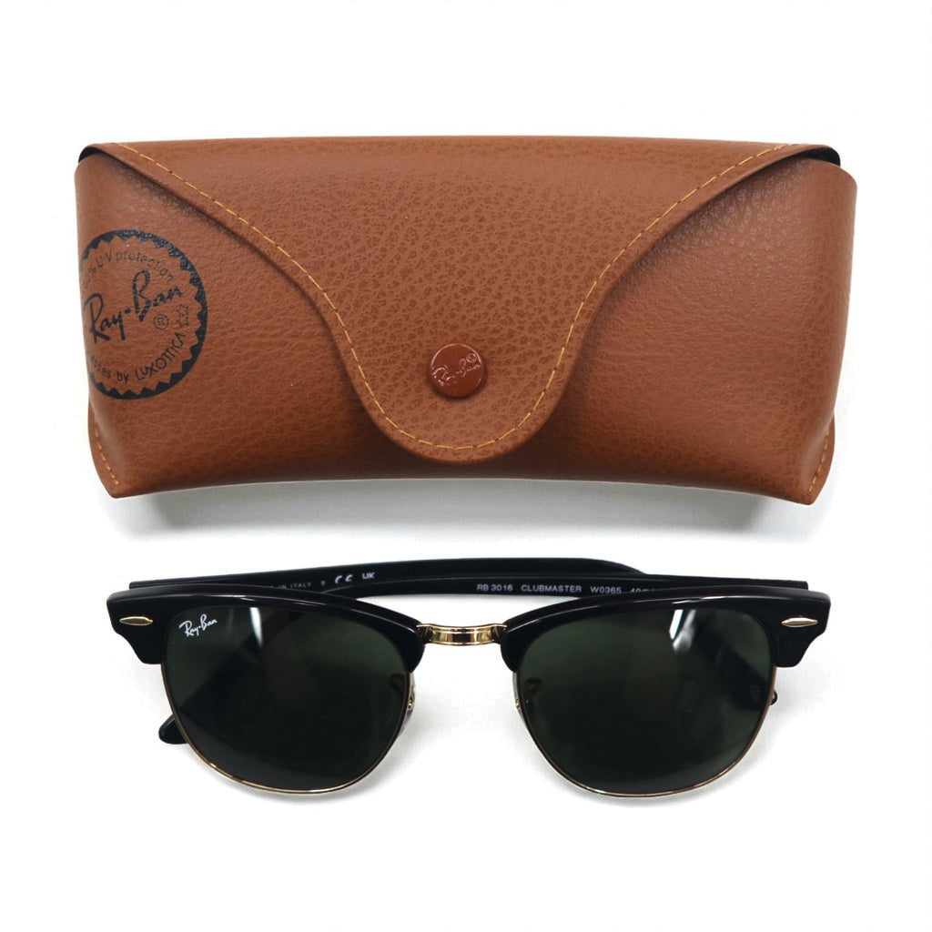 Ray-Ban Clubmaster Half-Rim Sunglasses, Black, RB3016 W0365, 49-21, 140mm, 3N, Made in Italy