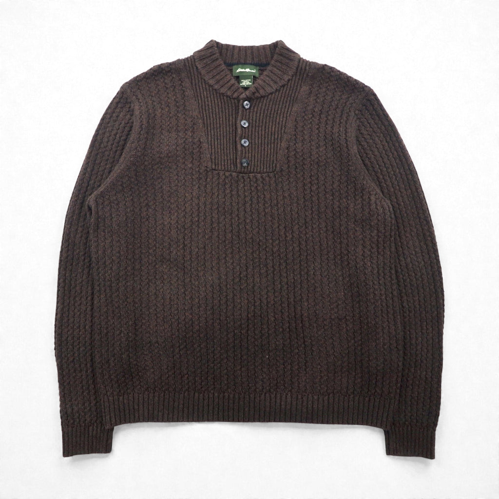 Eddie Bauer ヘンリーネック リブニット セーター L ブラウン ローゲージ コットン