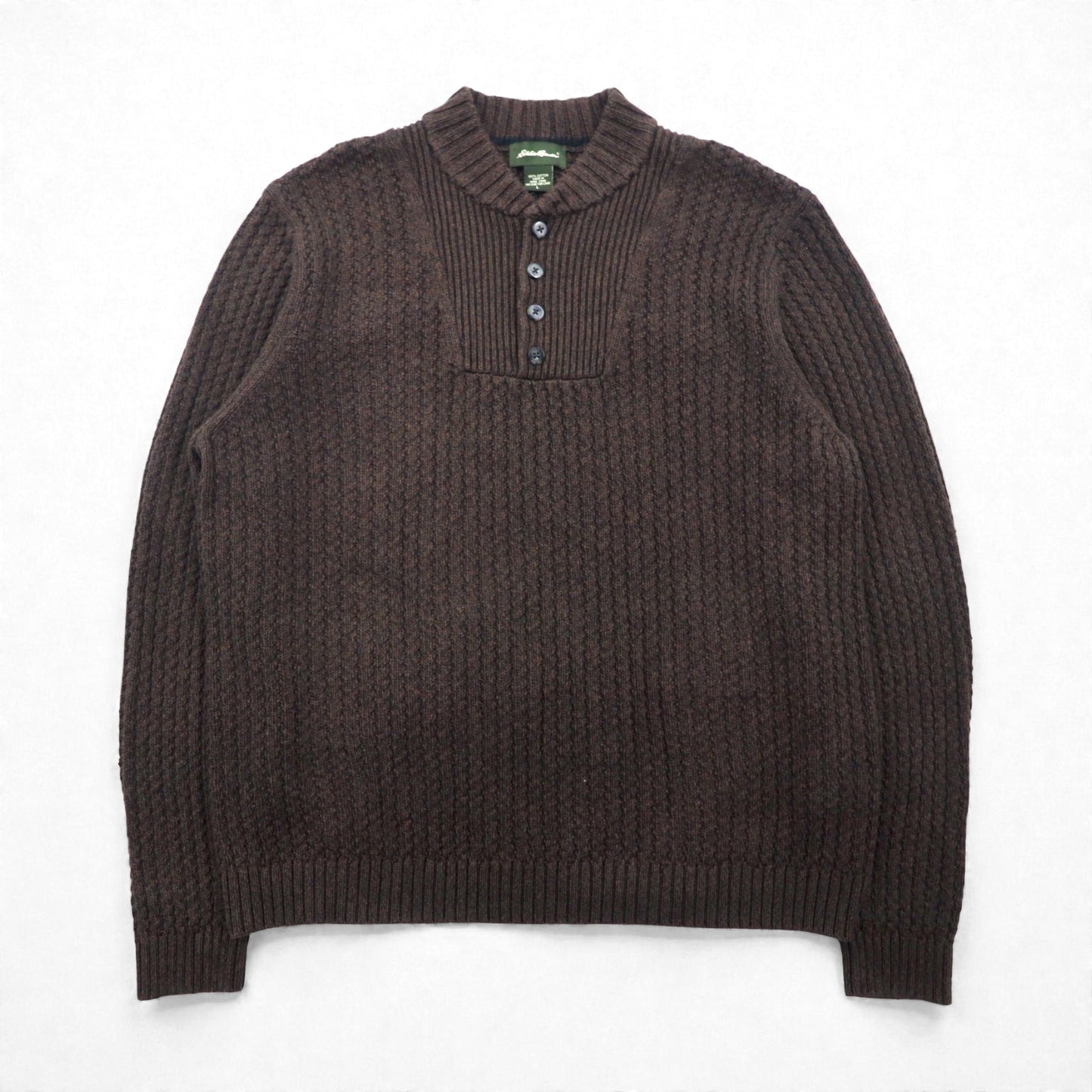 Eddie Bauer ヘンリーネック リブニット セーター L ブラウン ローゲージ コットン