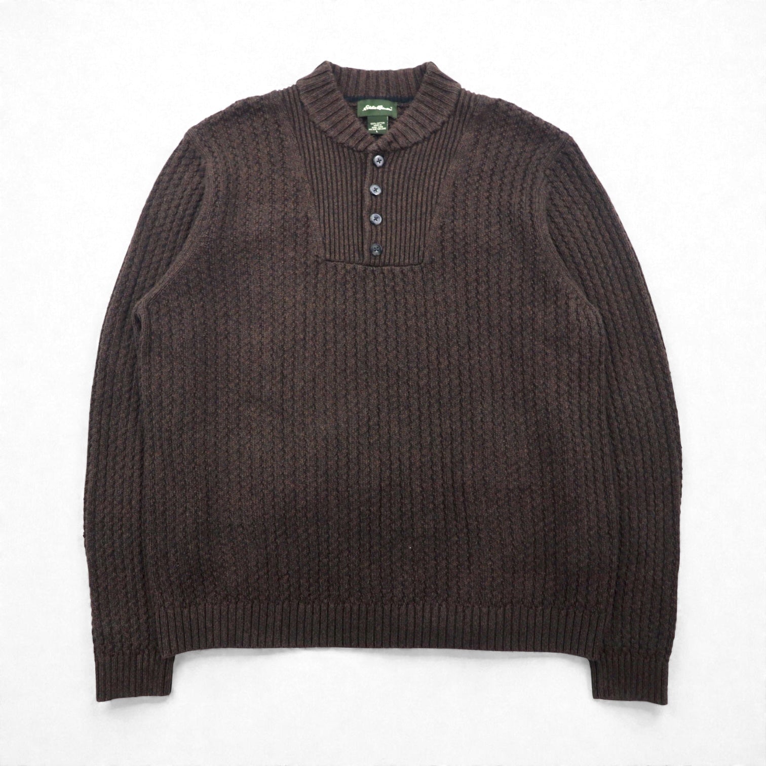 Eddie Bauer ヘンリーネック リブニット セーター L ブラウン ローゲージ コットン