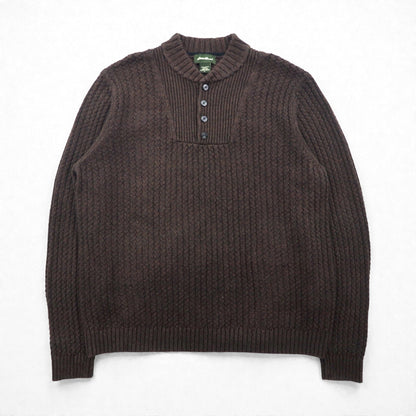 Eddie Bauer ヘンリーネック リブニット セーター L ブラウン ローゲージ コットン