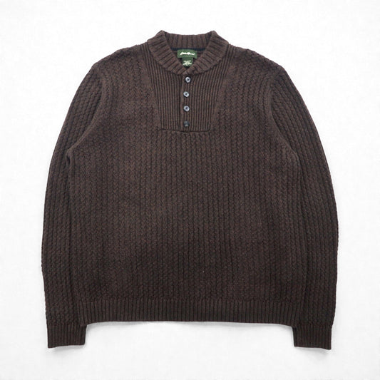 Eddie Bauer ヘンリーネック リブニット セーター L ブラウン ローゲージ コットン