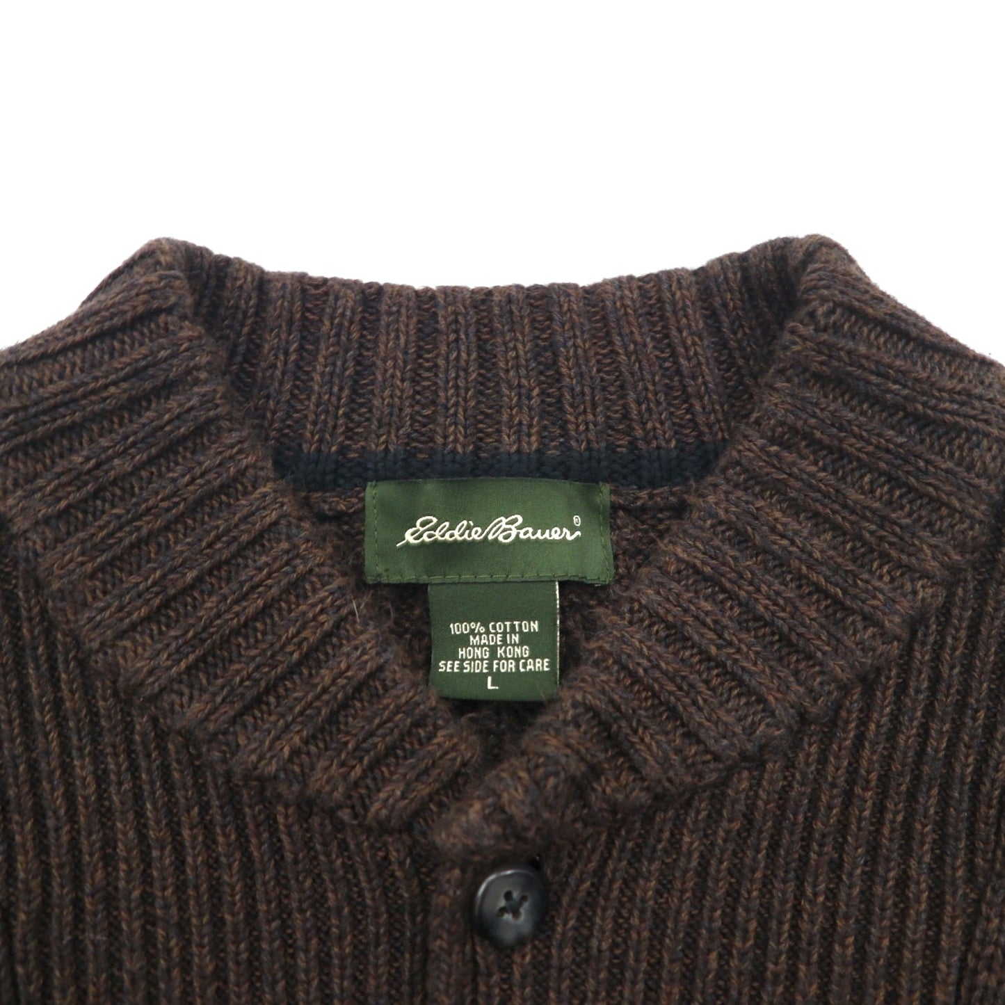 Eddie Bauer ヘンリーネック リブニット セーター L ブラウン ローゲージ コットン