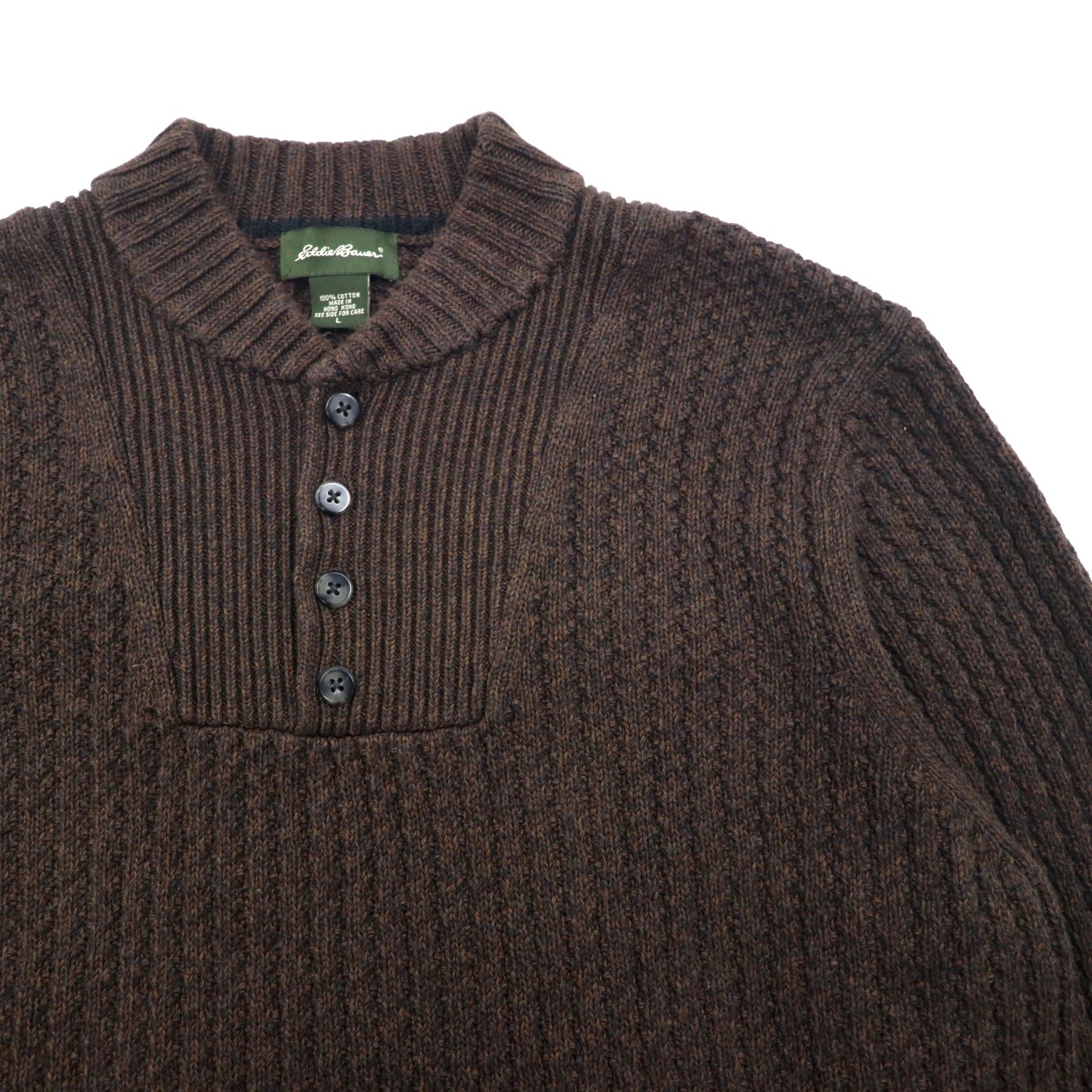 Eddie Bauer ヘンリーネック リブニット セーター L ブラウン ローゲージ コットン