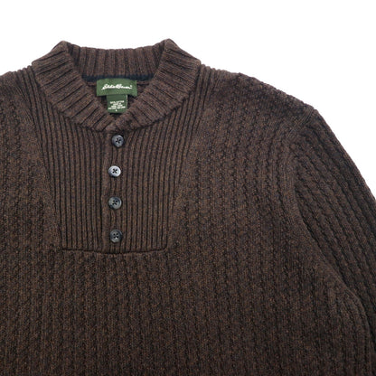 Eddie Bauer ヘンリーネック リブニット セーター L ブラウン ローゲージ コットン