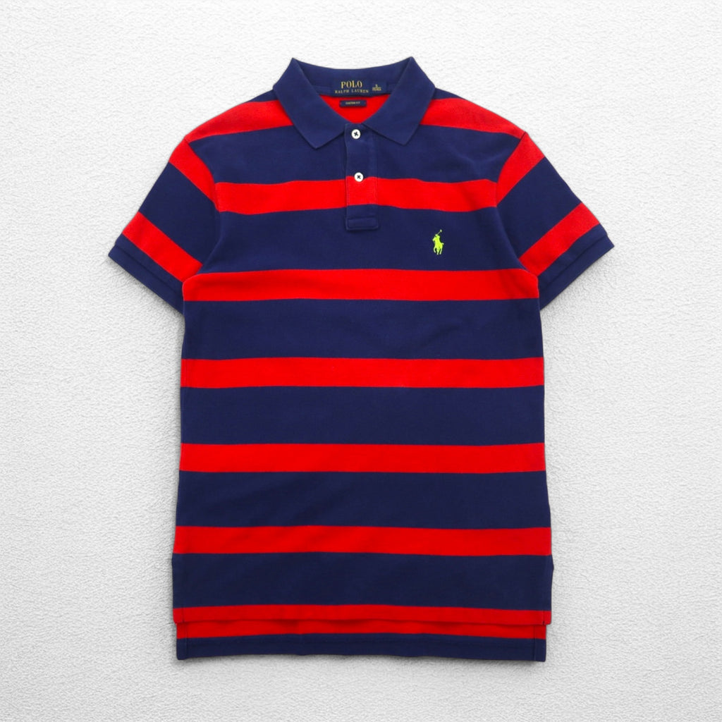 POLO RALPH LAUREN Striped Polo Shirt S Navy Red Pique CUSTOM FIT Small Pony Embroidery