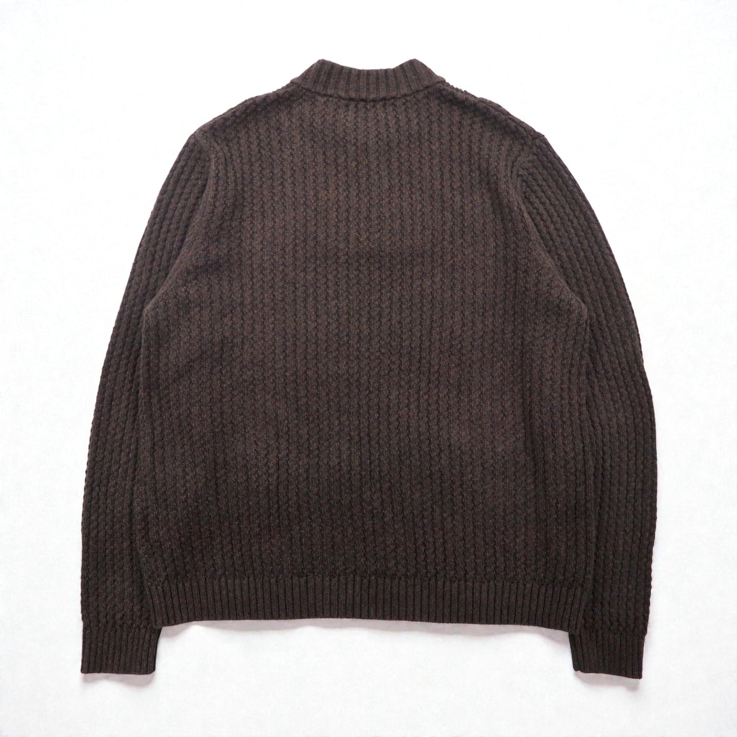 Eddie Bauer ヘンリーネック リブニット セーター L ブラウン ローゲージ コットン