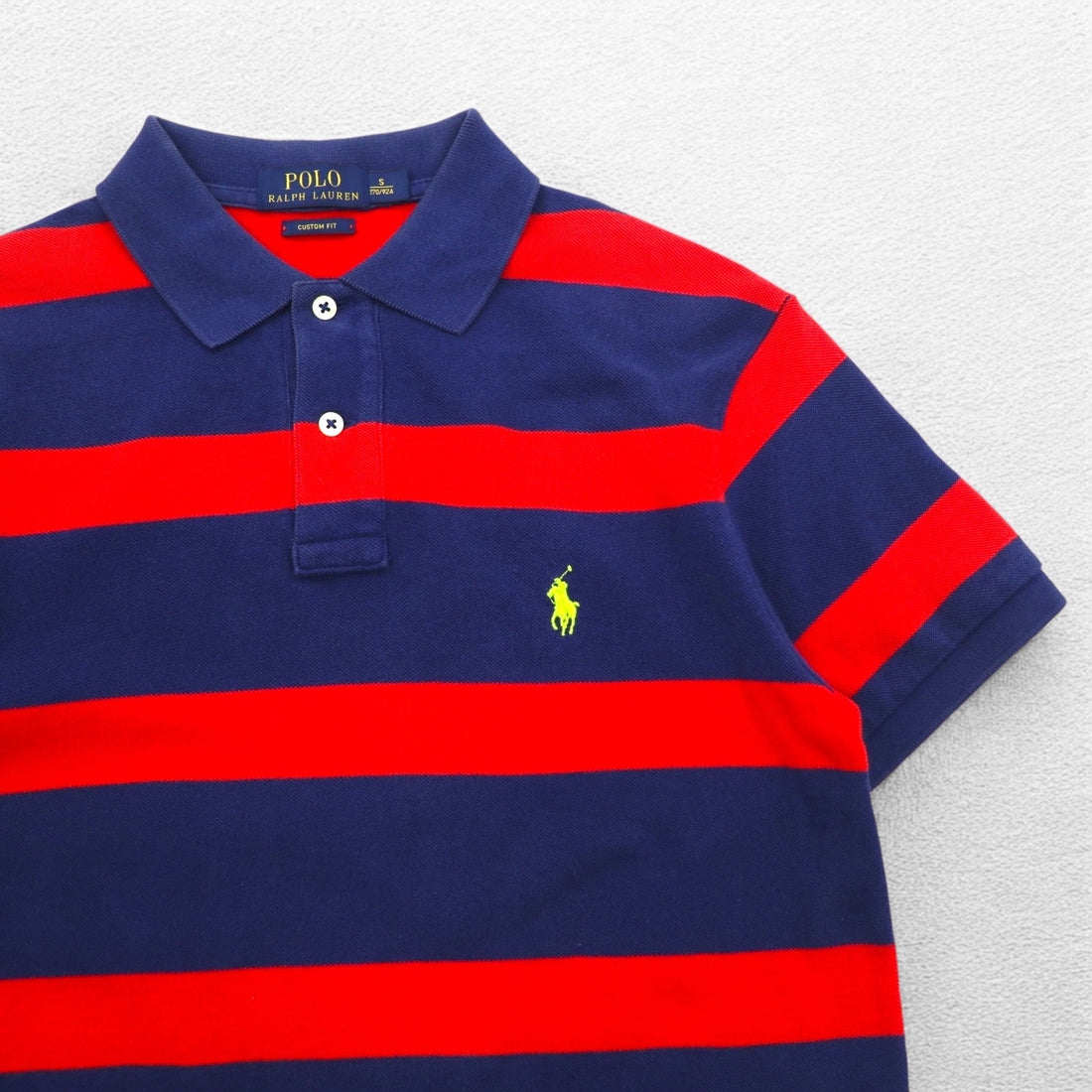 POLO RALPH LAUREN Striped Polo Shirt S Navy Red Pique CUSTOM FIT Small Pony Embroidery