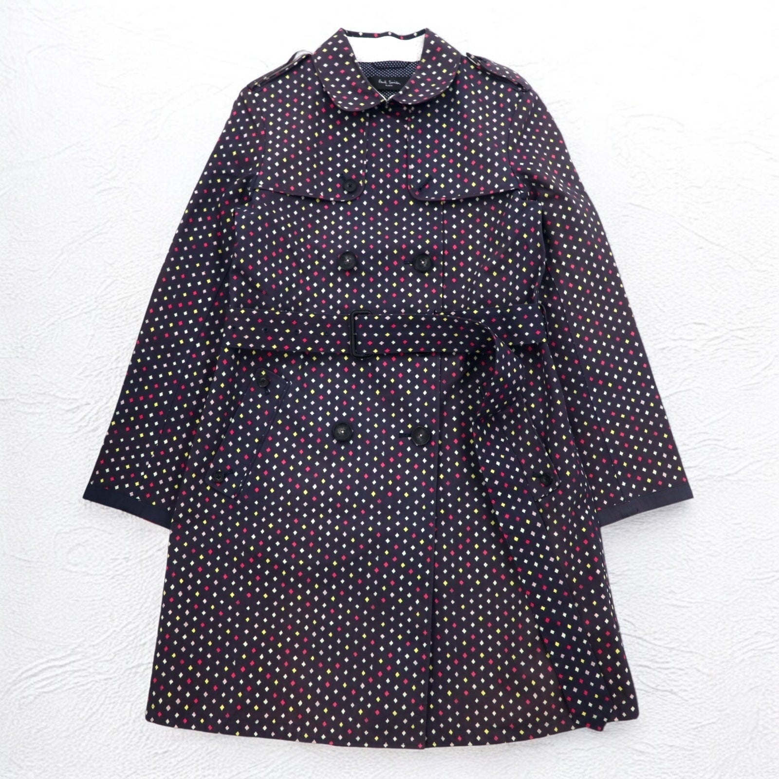 Paul Smith BLACK Rubberized Trench Coat L Navy All-over Dot Pattern Double Breasted Belted Waterproof