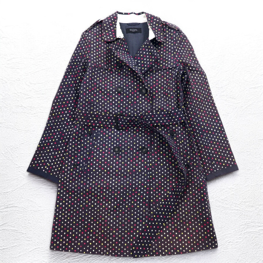 Paul Smith BLACK ゴム引き トレンチコート L ネイビー 総柄 ドット ダブルブレスト ベルト付き 防水