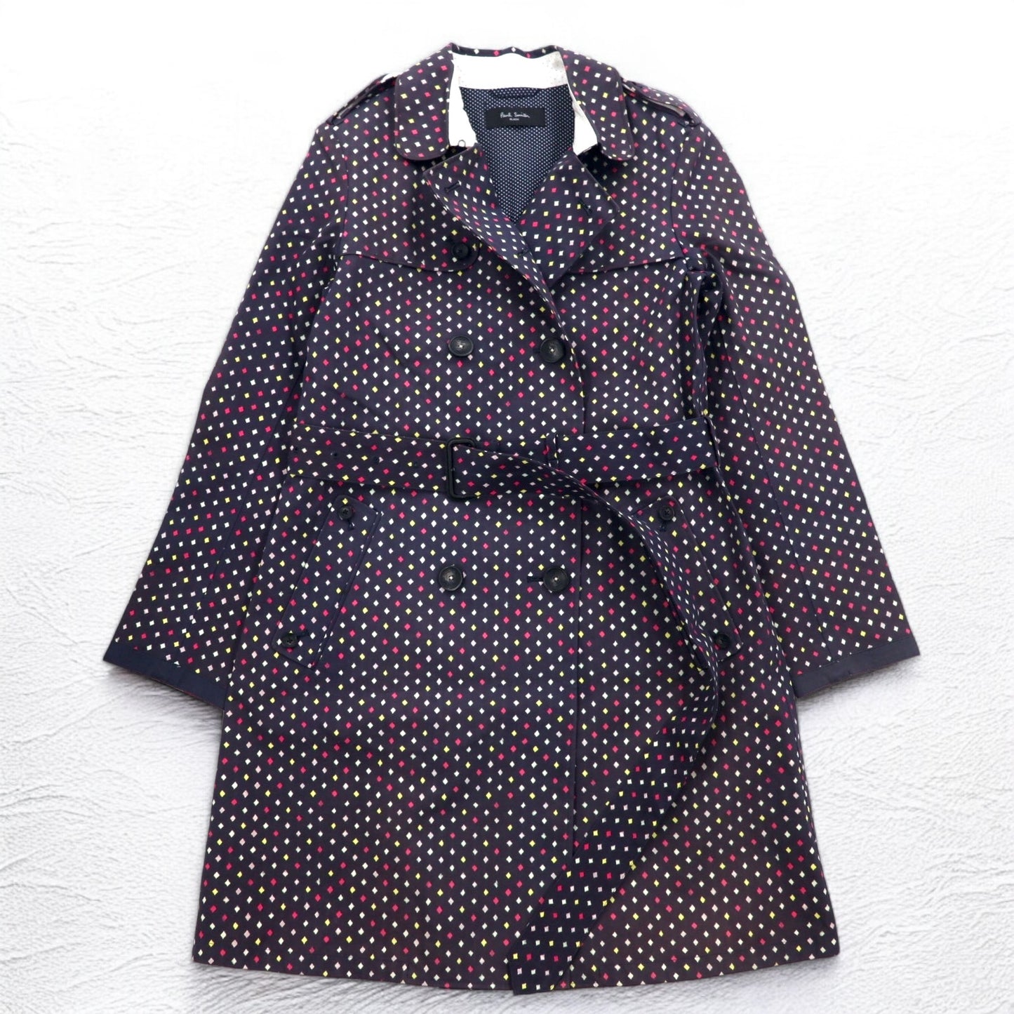 Paul Smith BLACK Rubberized Trench Coat L Navy All-over Dot Pattern Double Breasted Belted Waterproof