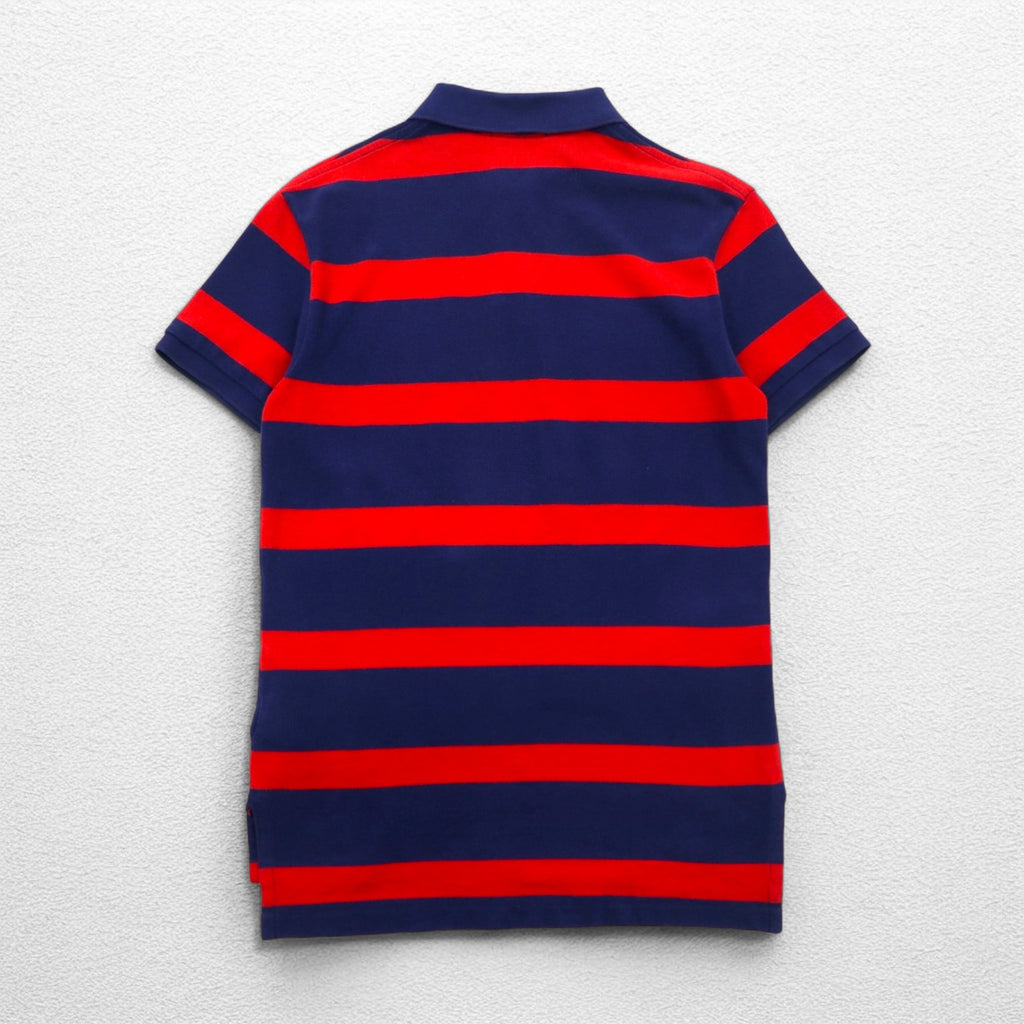 POLO RALPH LAUREN Striped Polo Shirt S Navy Red Pique CUSTOM FIT Small Pony Embroidery