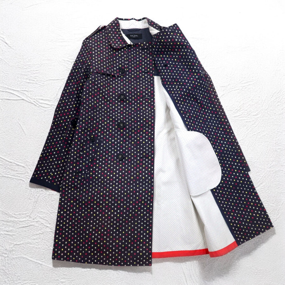 Paul Smith BLACK ゴム引き トレンチコート L ネイビー 総柄 ドット ダブルブレスト ベルト付き 防水