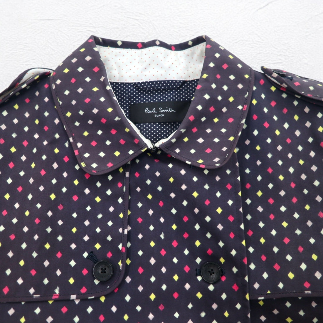 Paul Smith BLACK ゴム引き トレンチコート L ネイビー 総柄 ドット ダブルブレスト ベルト付き 防水