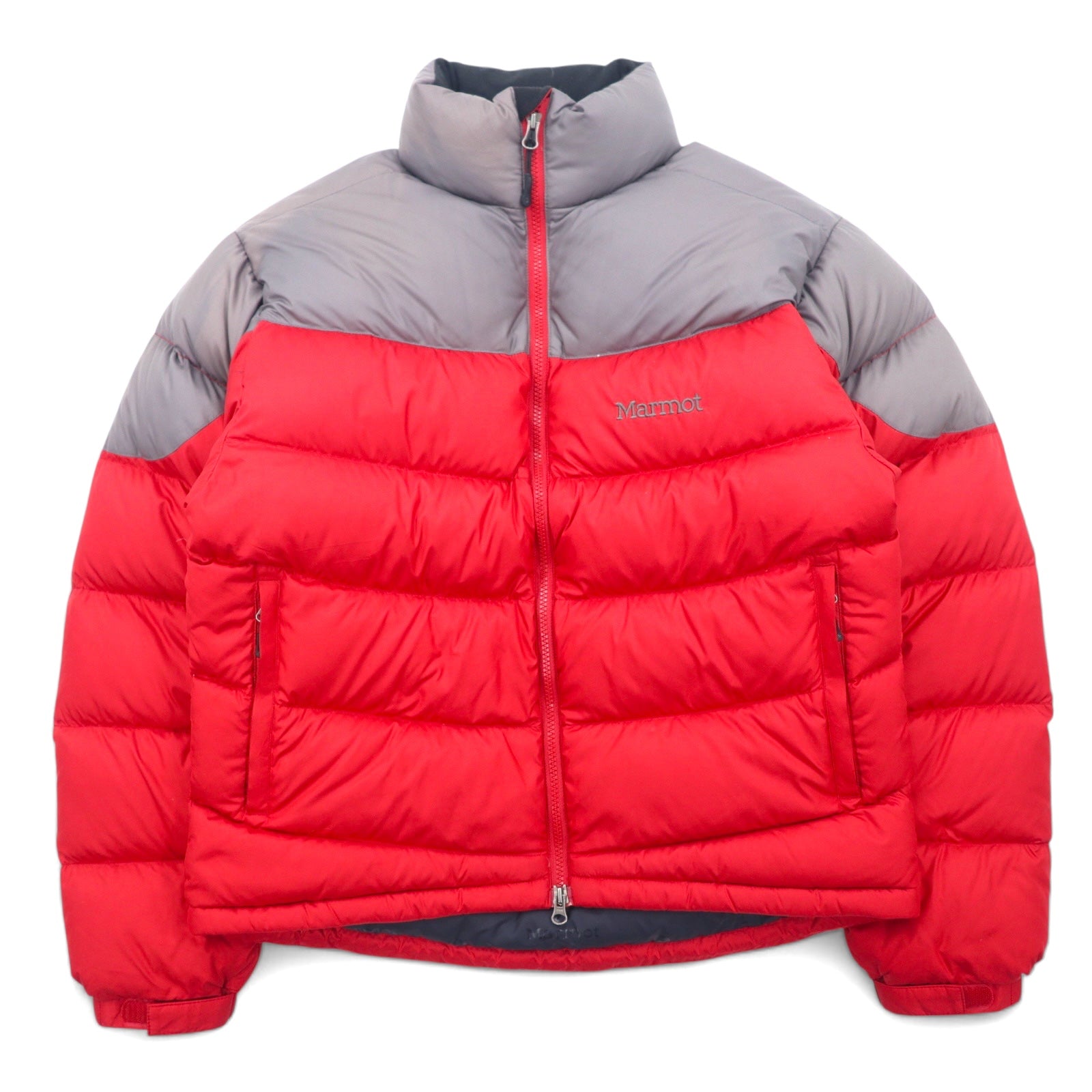 日本然リトテ-古着オンライン-Marmot バイカラー ダウンジャケット S レッド ポリエステル ロゴ刺繍 ダブルジップ ドローコード-Marmot by collar Puffer Jacket S Red Polyester Logo Embroidery Double Zip Drawcord