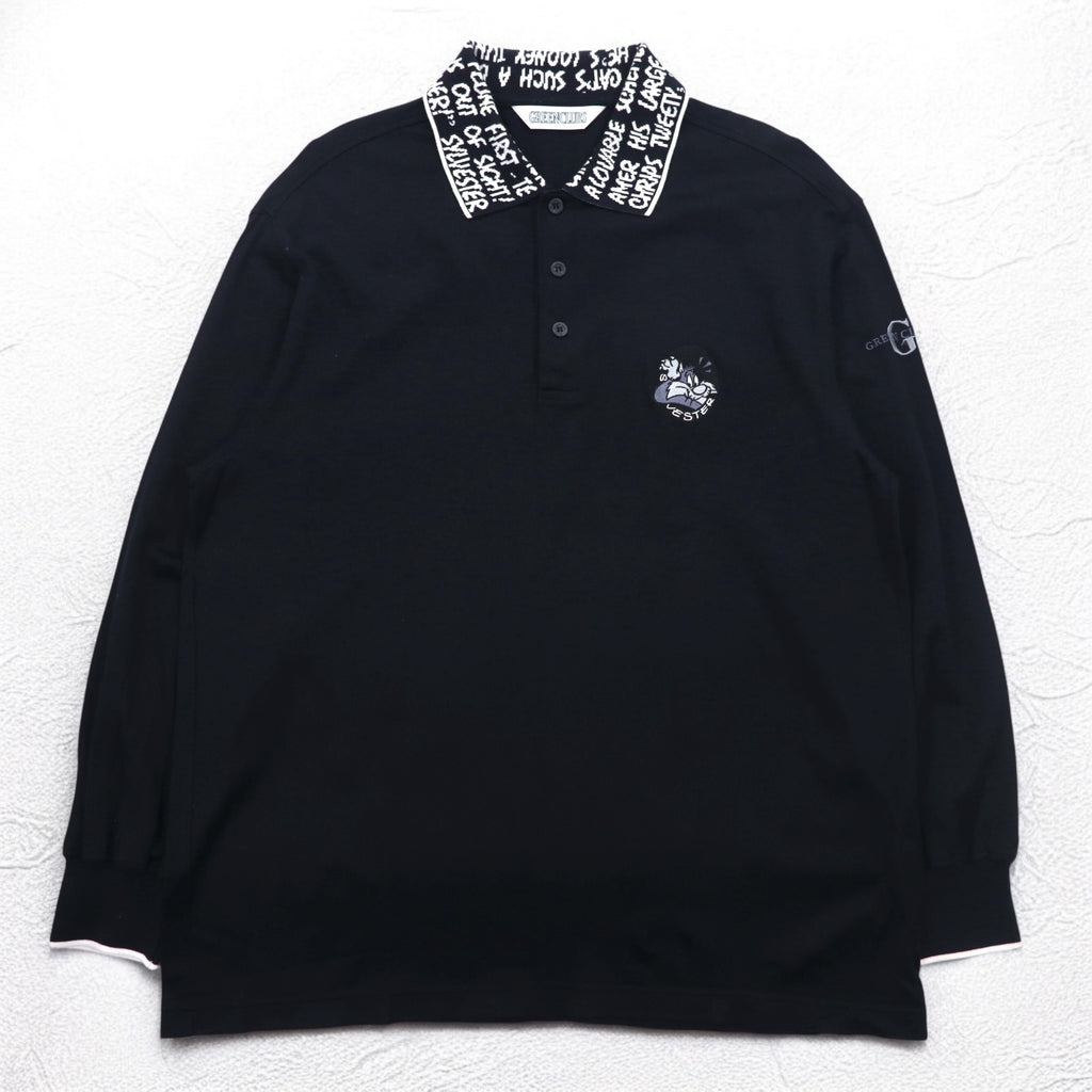 GREEN CLUBS x Warner Bros 90s Long Sleeve Polo Shirt XL Black Pique Looney Tunes Sylvester Cat Made in Japan