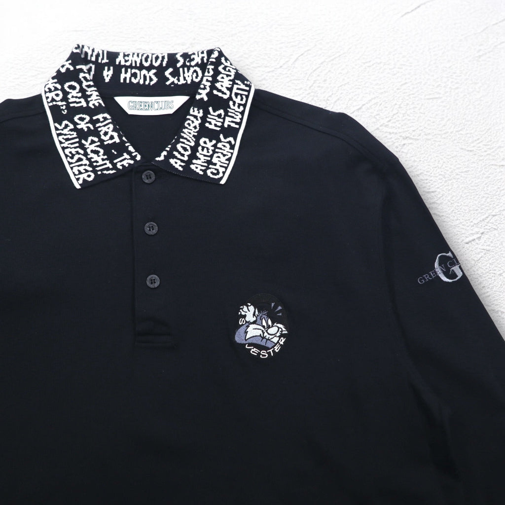 GREEN CLUBS x Warner Bros 90s Long Sleeve Polo Shirt XL Black Pique Looney Tunes Sylvester Cat Made in Japan
