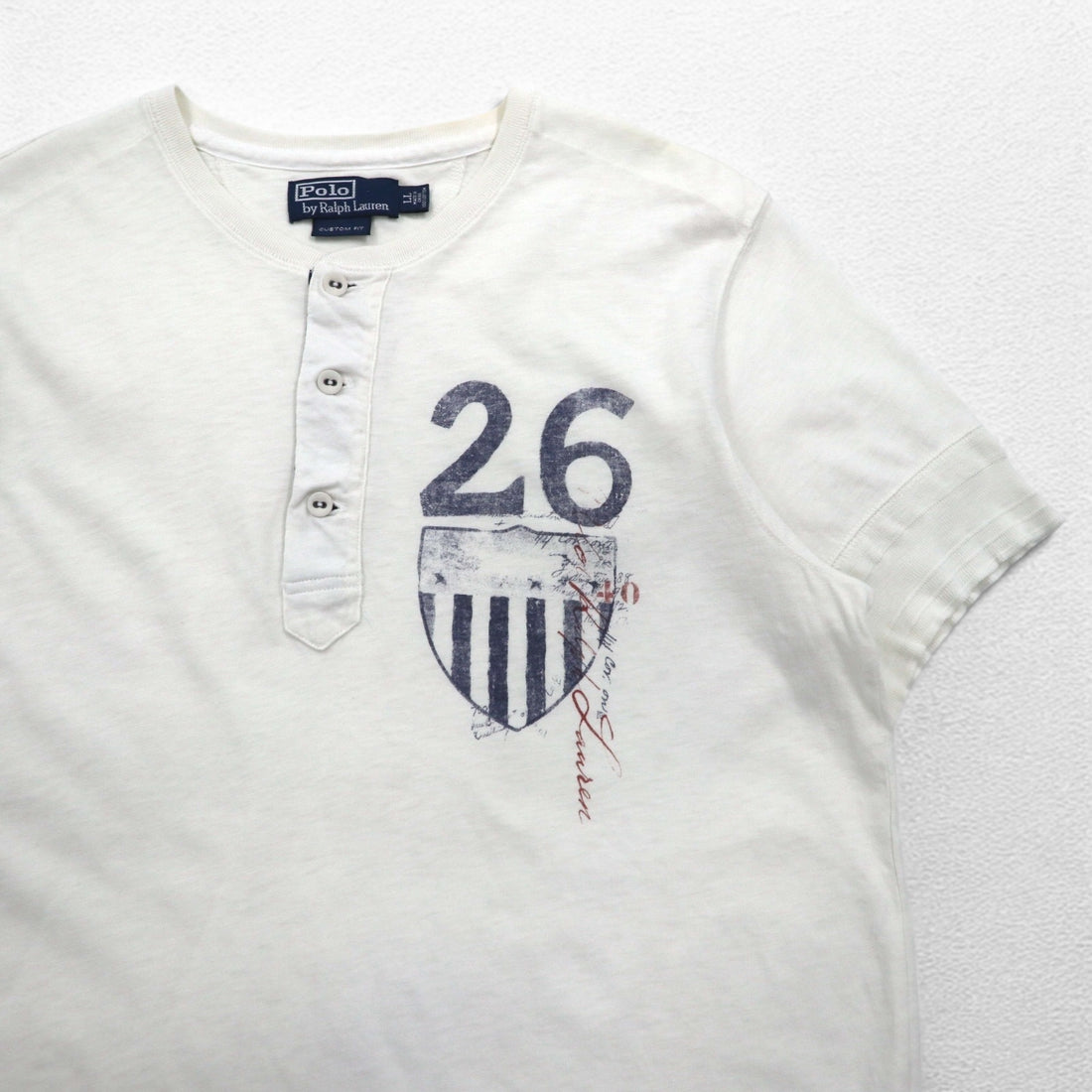 Polo by Ralph Lauren ヘンリーネック Tシャツ XL ホワイト 染み込みプリント ナンバリング CUSTOM FIT