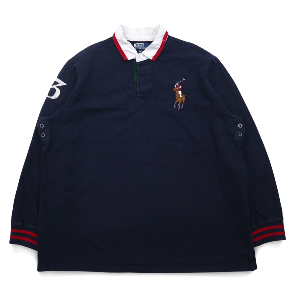 Polo by Ralph Lauren 90s Big Pony Embroidered Rugby Shirt XXL Navy Numbering Elbow Patch Made in Sri Lanka