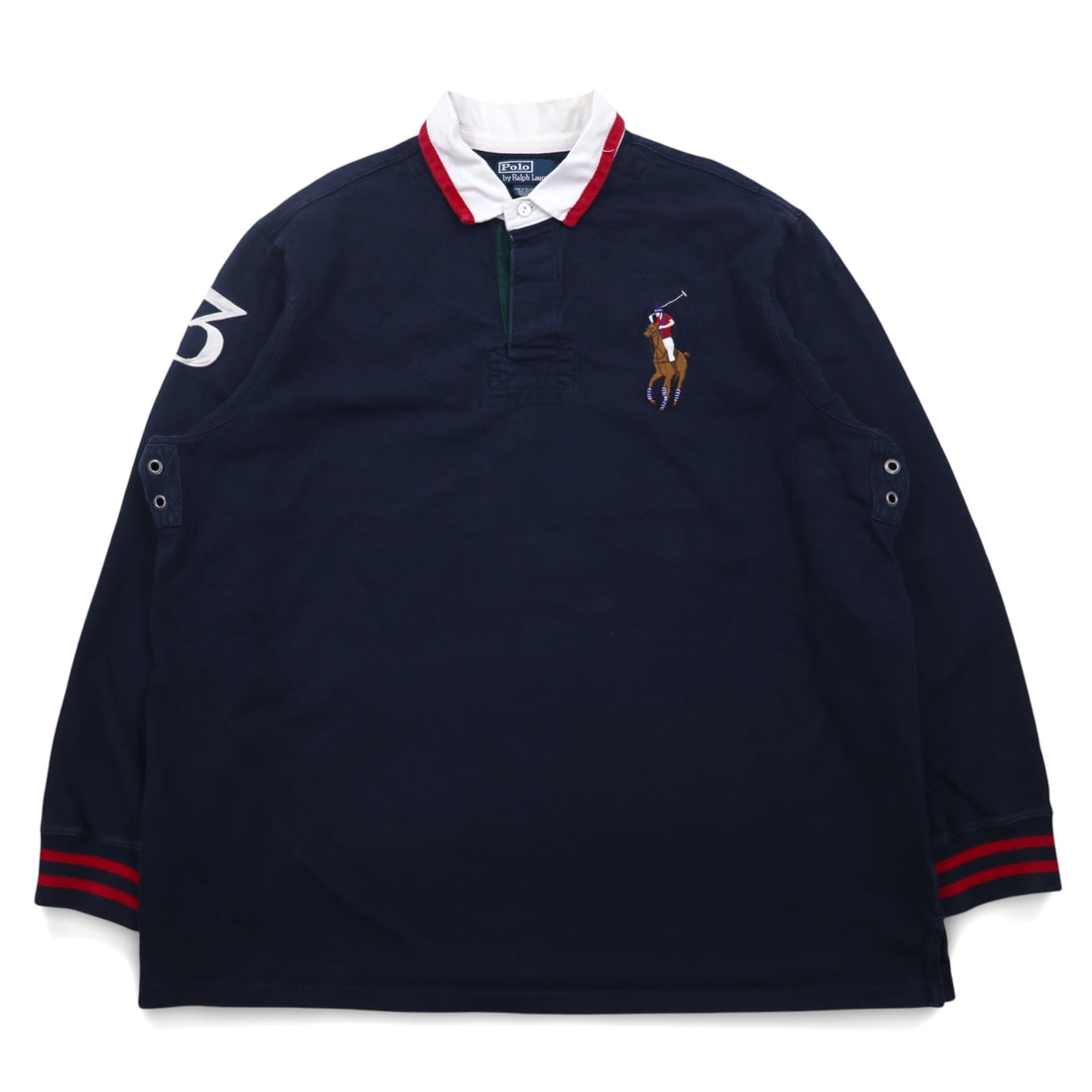 Polo by Ralph Lauren 90s Big Pony Embroidered Rugby Shirt XXL Navy Numbering Elbow Patch Made in Sri Lanka