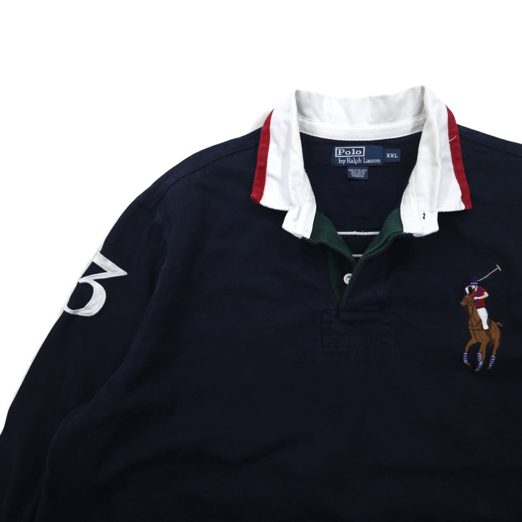 Polo by Ralph Lauren 90s Big Pony Embroidered Rugby Shirt XXL Navy Numbering Elbow Patch Made in Sri Lanka