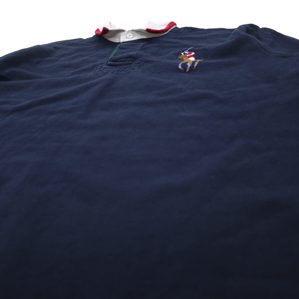 Polo by Ralph Lauren 90s Big Pony Embroidered Rugby Shirt XXL Navy Numbering Elbow Patch Made in Sri Lanka