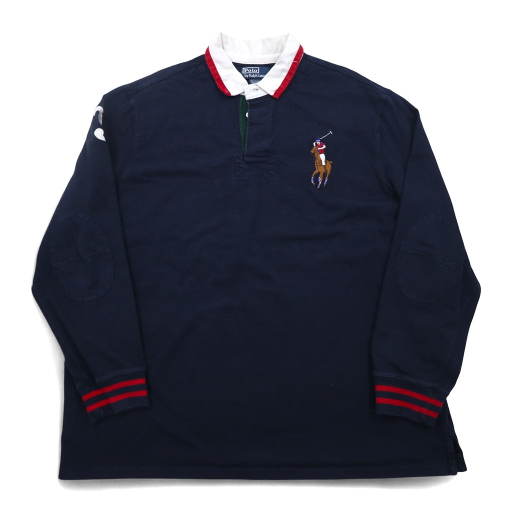 Polo by Ralph Lauren 90s Big Pony Embroidered Rugby Shirt XXL Navy Numbering Elbow Patch Made in Sri Lanka