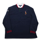 Polo by Ralph Lauren 90s Big Pony Embroidered Rugby Shirt XXL Navy Numbering Elbow Patch Made in Sri Lanka