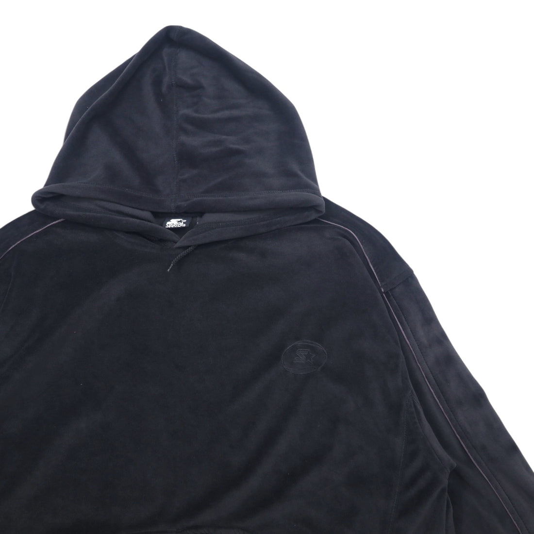STARTER 90s Velour Pullover Hoodie L Black Polyester Logo Embroidery