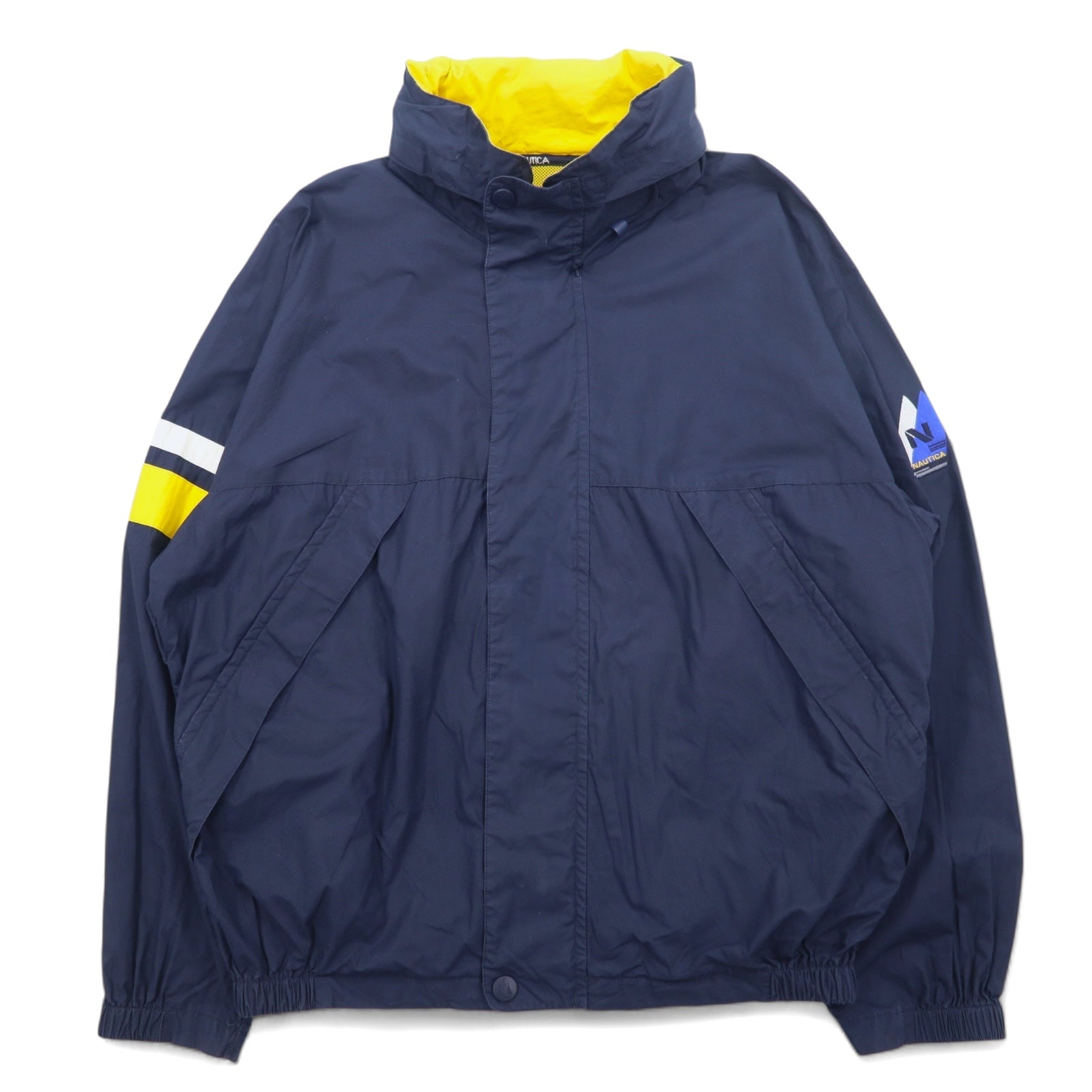 日本然リトテ-古着オンライン-nautica 90年代 セーリングジャケット ナイロンジャケット XL ネイビー コットン フード収納式 ロゴ刺繍-nautica 90's Sailing Jacket Windbreaker XL Navy Cotton Hoodie Retractable Logo Embroidery