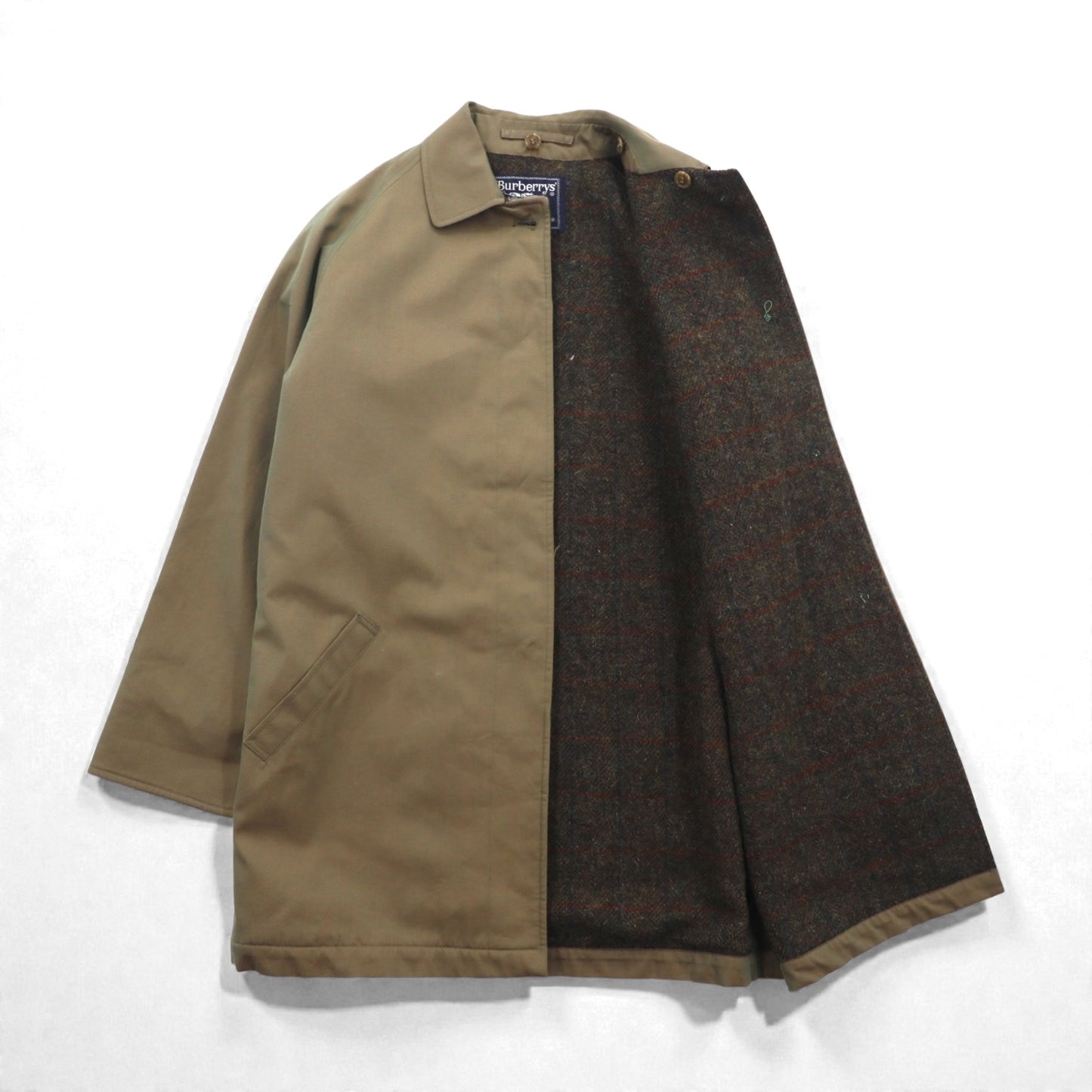 BURBERRY 英国製 90年代 ヴィンテージ 3WAY レイヤード ステンカラーコート M フーデッドベスト ヨーク 一枚袖 玉虫色 裏地ツイード イギリス製