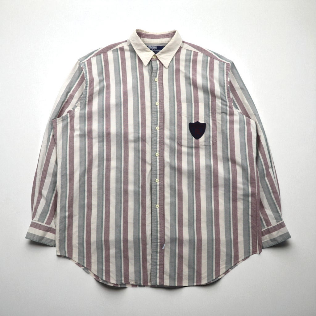 Polo Ralph Lauren 90s Cleric Shirt, Size L, Gray, Striped, Chest Pocket Patch, Emblem