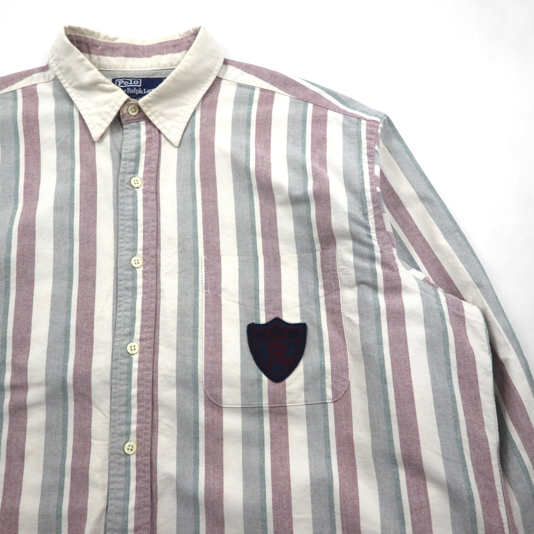 Polo Ralph Lauren 90s Cleric Shirt, Size L, Gray, Striped, Chest Pocket Patch, Emblem