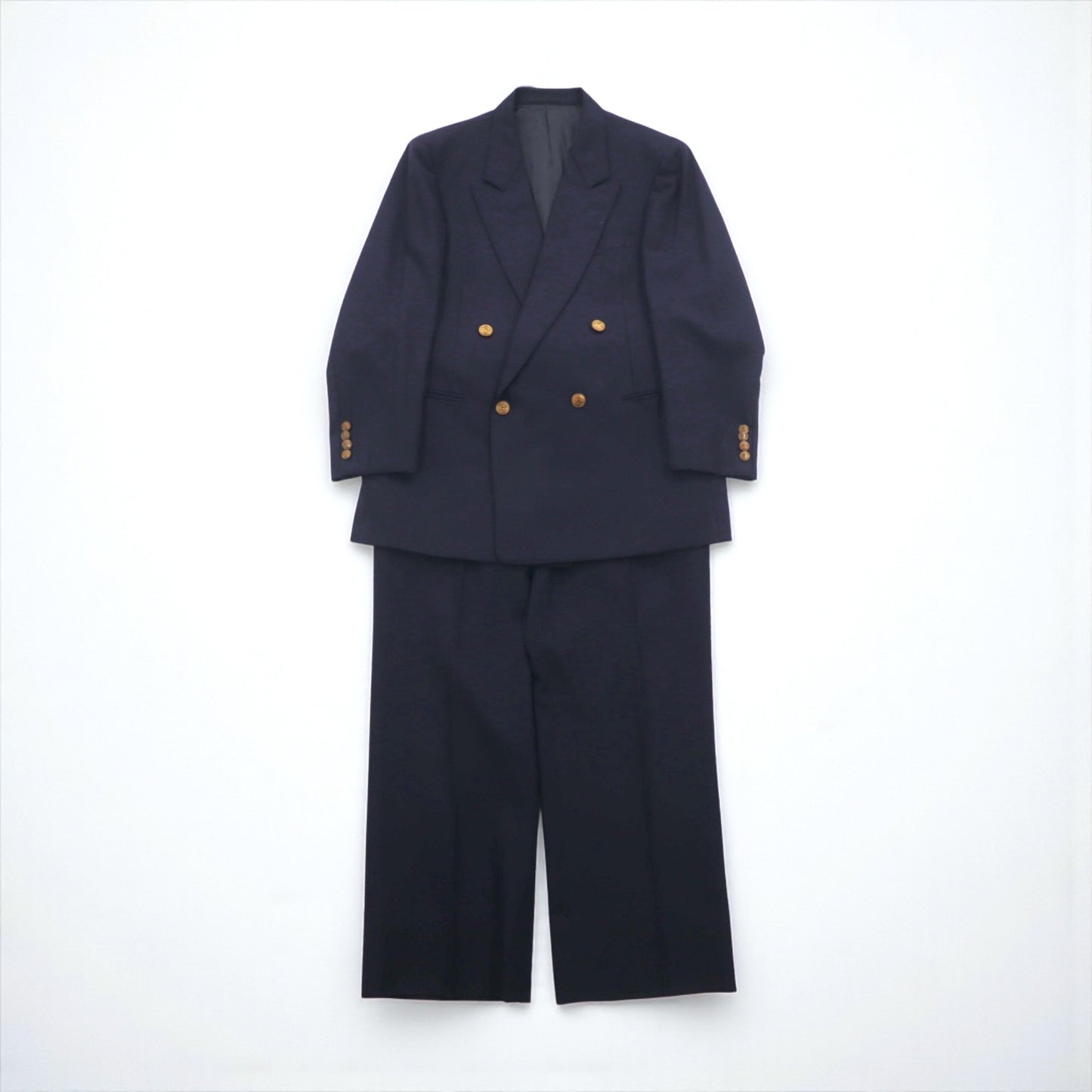 BURBERRY 80年代 日本製 ピークドラペル ダブルブレスト セットアップ スーツ S ネイビー ウール TASMANIA WOOL 紺ブレ 金ボタン ギャバジン