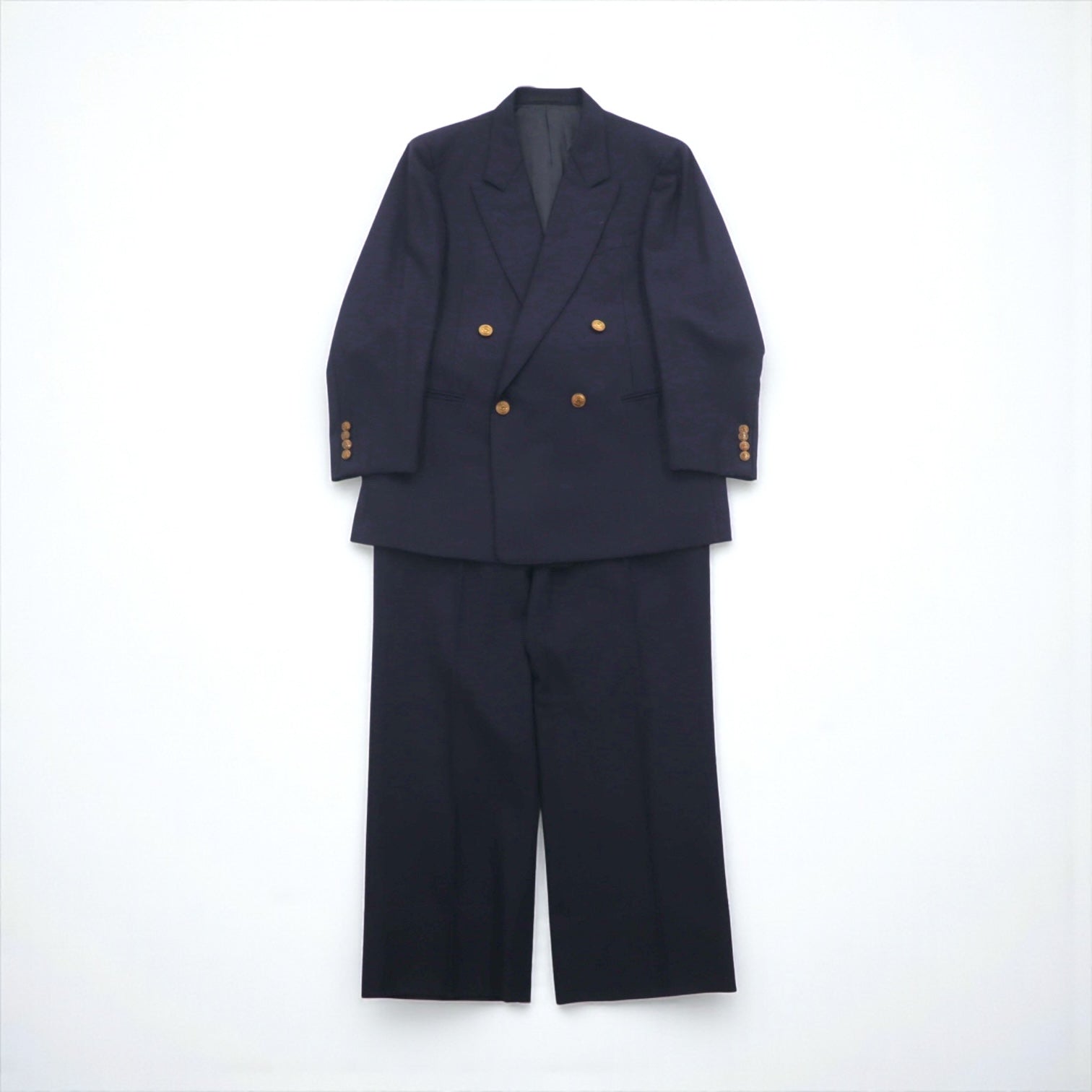 BURBERRY 80年代 日本製 ピークドラペル ダブルブレスト セットアップ スーツ S ネイビー ウール TASMANIA WOOL 紺ブレ 金ボタン ギャバジン