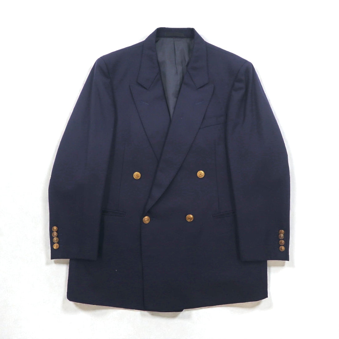 BURBERRY 80s Made in Japan Peak Lapel Double-Breasted Suit, Size S, Navy Wool Tasmania Wool, Blazer, Gold Buttons, Gabardine