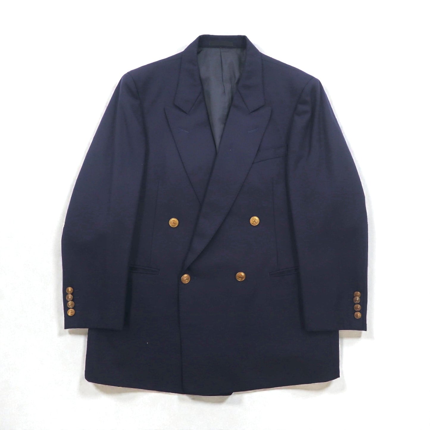 BURBERRY 80年代 日本製 ピークドラペル ダブルブレスト セットアップ スーツ S ネイビー ウール TASMANIA WOOL 紺ブレ 金ボタン ギャバジン