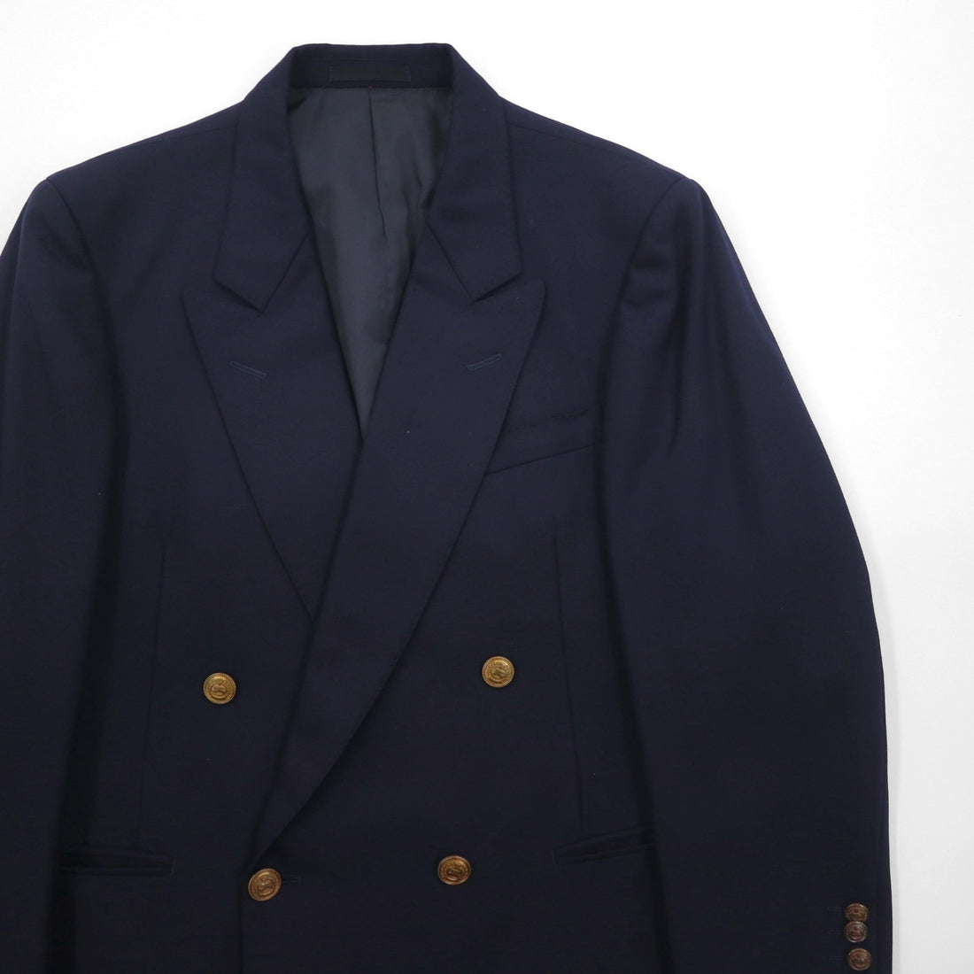 BURBERRY 80s Made in Japan Peak Lapel Double-Breasted Suit, Size S, Navy Wool Tasmania Wool, Blazer, Gold Buttons, Gabardine