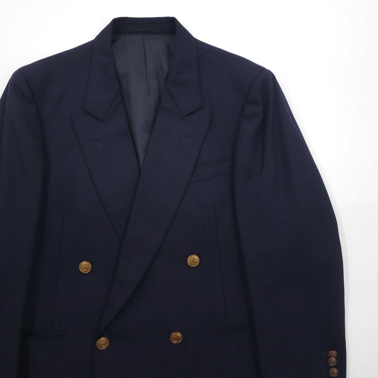BURBERRY 80年代 日本製 ピークドラペル ダブルブレスト セットアップ スーツ S ネイビー ウール TASMANIA WOOL 紺ブレ 金ボタン ギャバジン