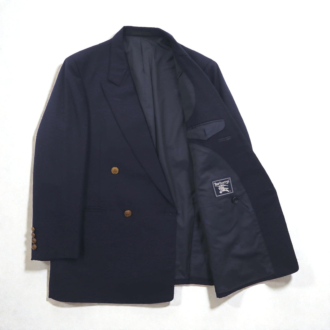 BURBERRY 80s Made in Japan Peak Lapel Double-Breasted Suit, Size S, Navy Wool Tasmania Wool, Blazer, Gold Buttons, Gabardine