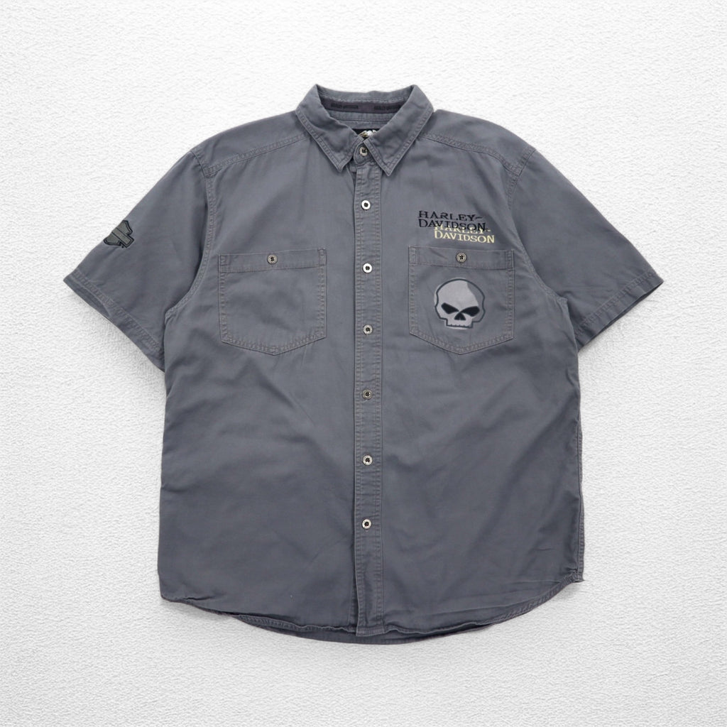 HARLEY DAVIDSON スカルプリント 半袖 ワークシャツ L グレー バックプリント ダブルポケット