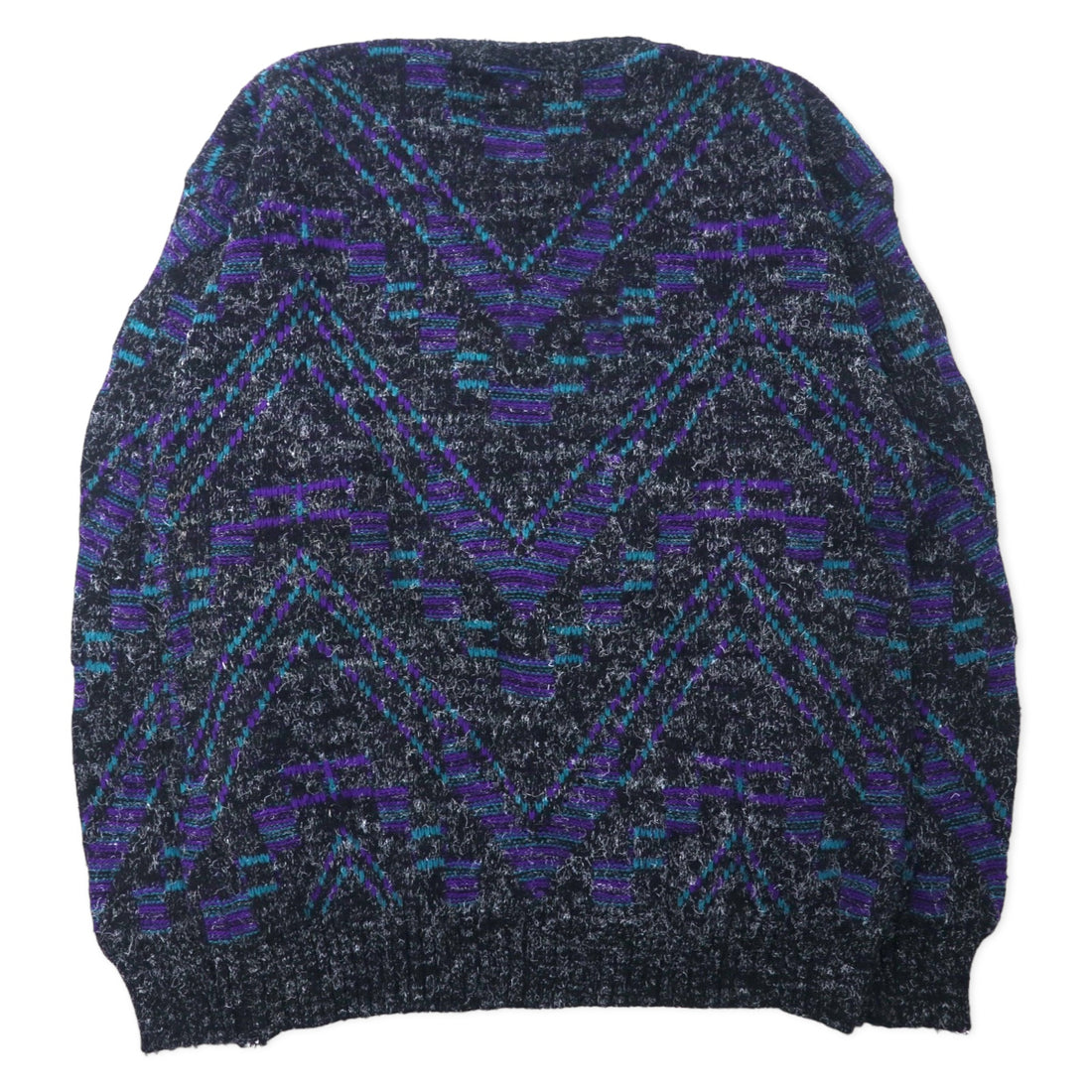 New Era SWEATERS USA製 90年代 シャギーニット セーター XL ブラック アクリル 総柄