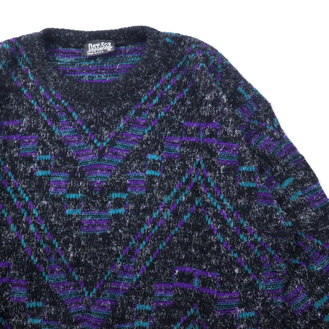 New Era SWEATERS USA製 90年代 シャギーニット セーター XL ブラック アクリル 総柄