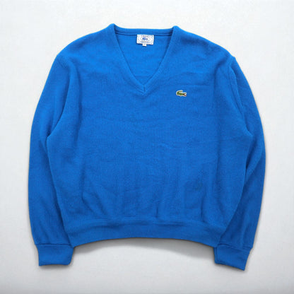 Vintage 70s Lacoste V-neck acrylic knit sweater, size XL, blue, with spool tag.