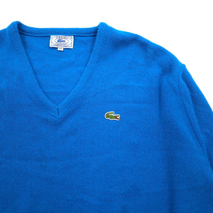 Vintage 70s Lacoste V-neck acrylic knit sweater, size XL, blue, with spool tag.