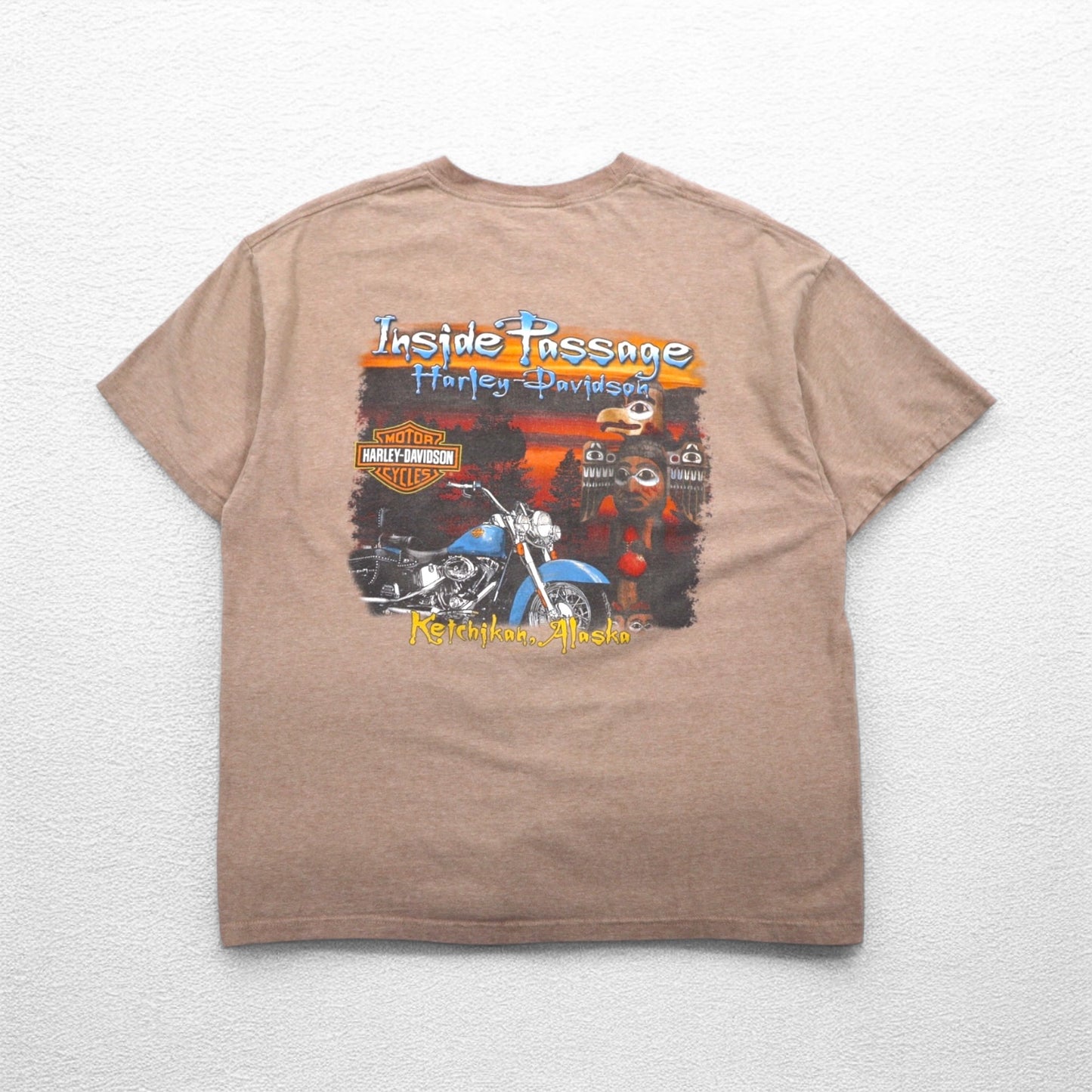 HARLEY DAVIDSON USA Made Hanes BEEFY-T Print T-Shirt XL Beige Cotton ALASKA