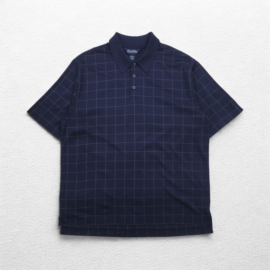 Brooks Brothers Performance Knit Polo Shirt L Navy Check DOUBLE MERCERIZED COTTON Mercerized