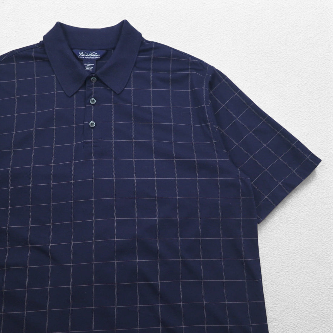 Brooks Brothers Performance Knit Polo Shirt L Navy Check DOUBLE MERCERIZED COTTON Mercerized